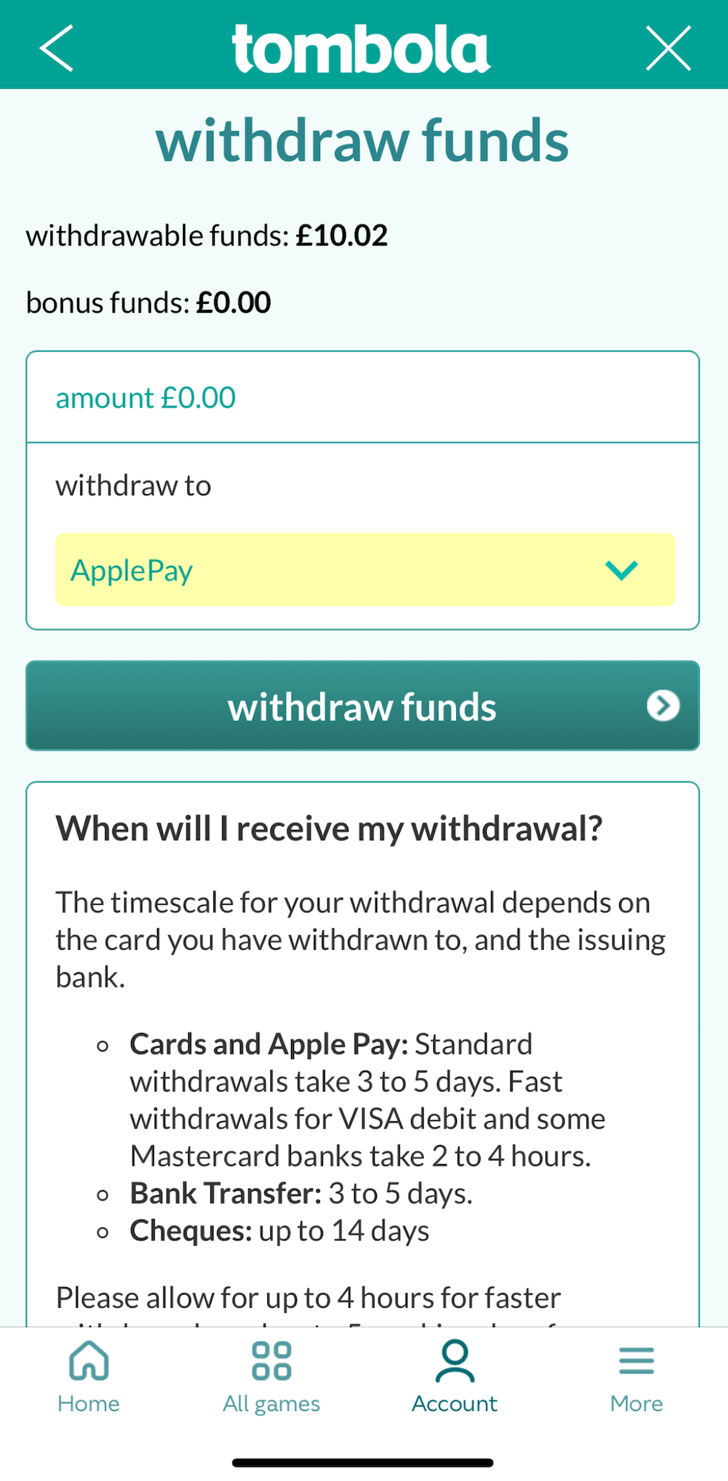 Withdraw funds page